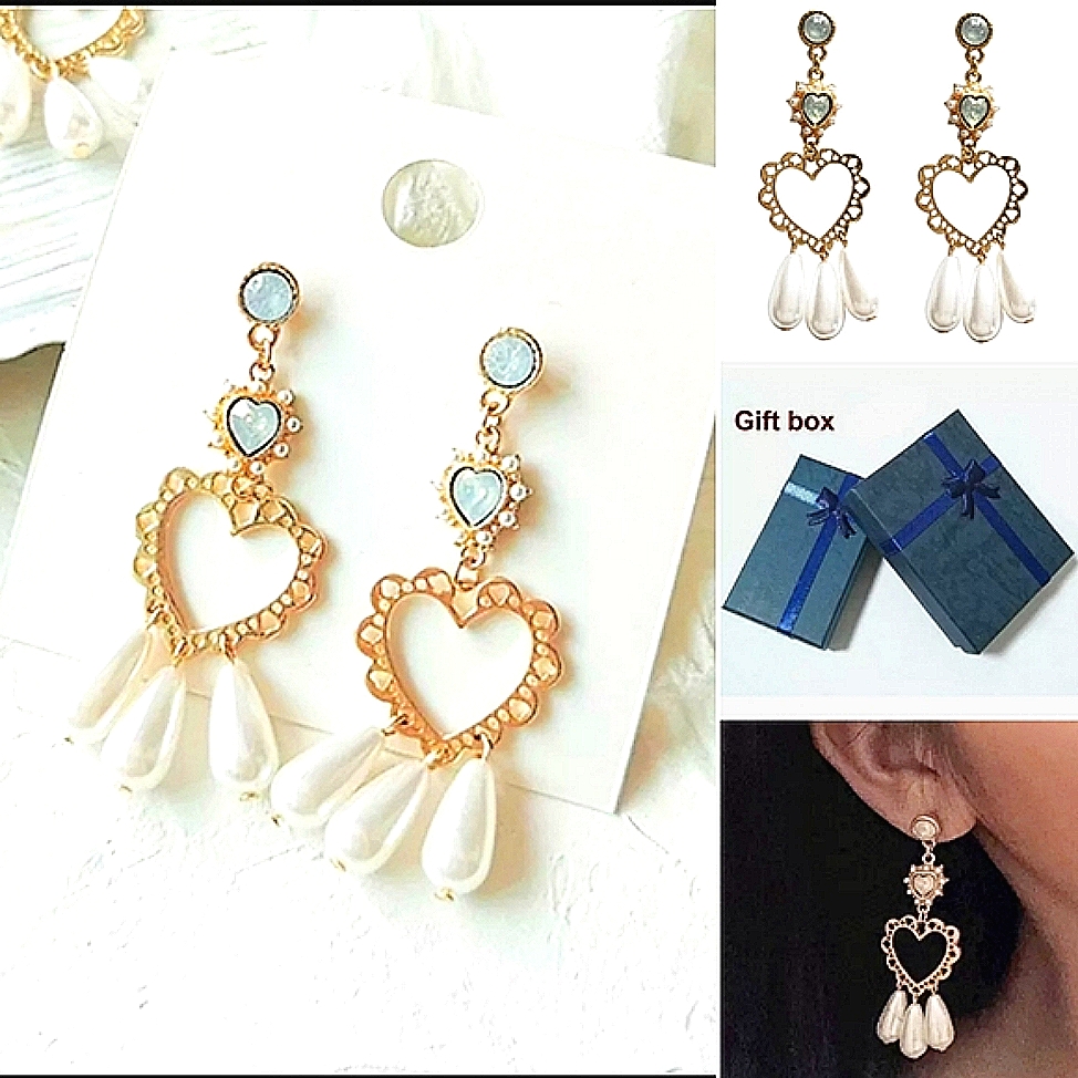 18k Gold Plated Opalescent Crystal Heart Pearl Drop Earrings With Silver Post 25$